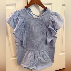 Melissa Nepton Zella Blue Ruffle Smocked Top Size Large